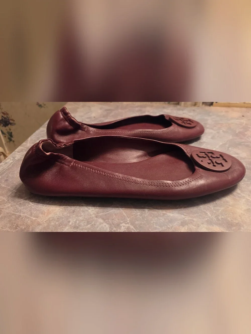 Tory Burch Maroon Leather Logo Ballet Flats